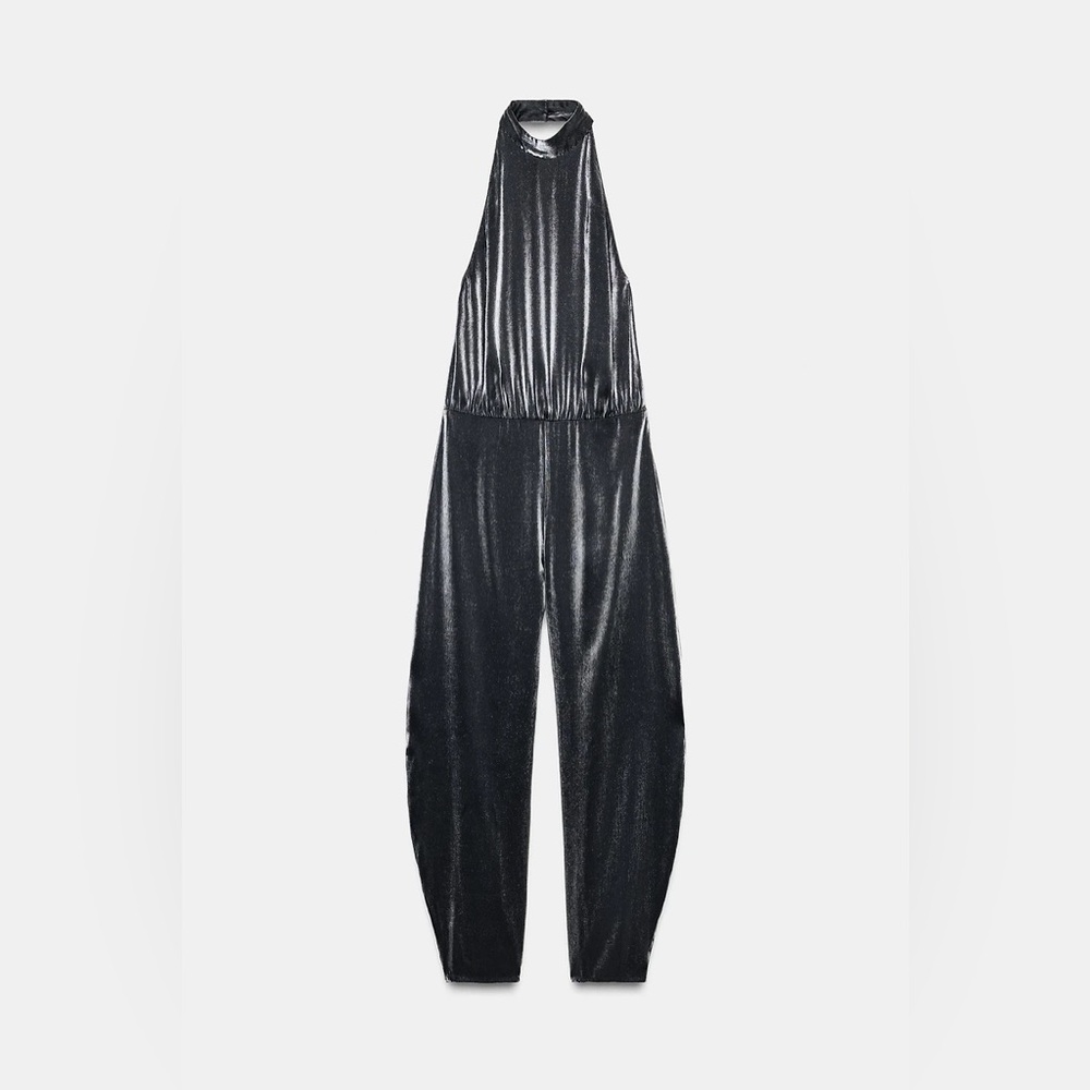 Brand NEW Zara Metallic Silver Wide-Leg Satin Jumpsuit